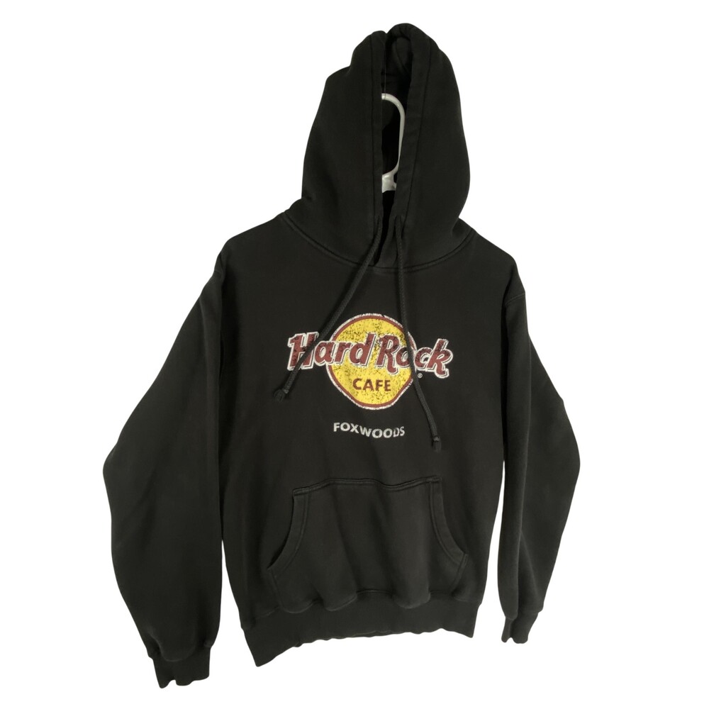 Hard Rock Cafe Hoodie Mens Medium Black Foxwoods Pullover Fleece Sweatshirt